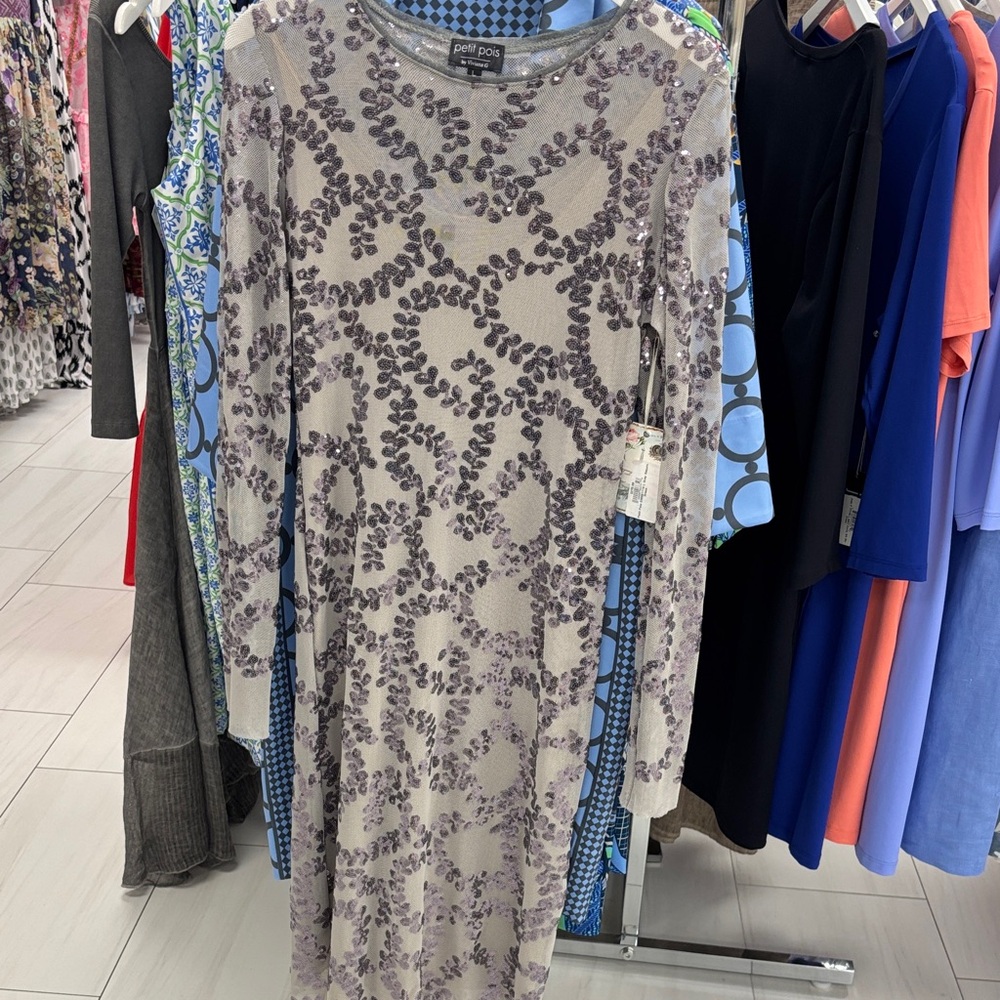 Petite Poo Long Sleeve Dress in Gray and Purple